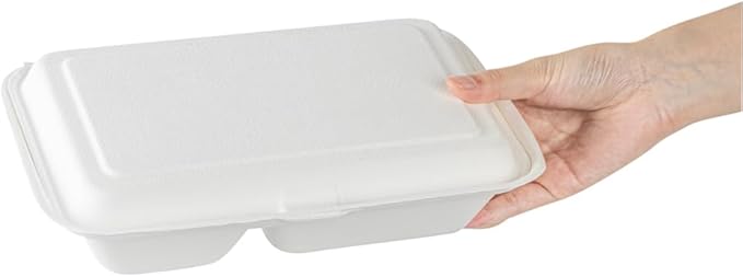 Restaurantware Pulp Safe No PFAS Added 34 Ounce Clamshell Boxes 100 Disposable Containers - Home Compostable 2 Compartments White Bagasse Containers Microwavable And Freezable Hinged Lid