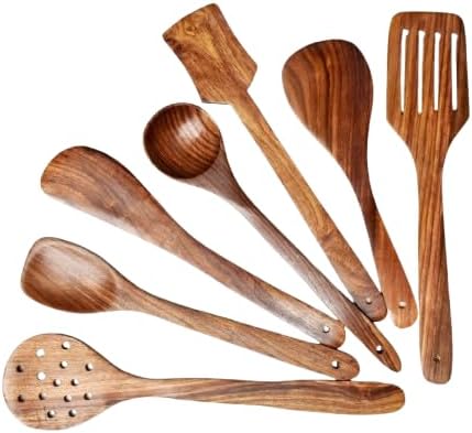 7 Pcs Natural Sheesham Wooden Kitchen Utensil Set with Spoon Rest - Smooth Finish & Soft Comfort-Grip Wood Spoons for Cooking - Nonstick Serving Cookware Kitchen Gift Set - 35.56 Cm