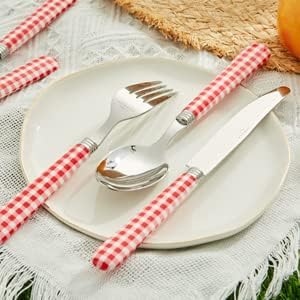 ANNOVA Silverware Set 20 Pcs Stainless Steel Cutlery Color Handle Flatware - 4 x Dinner Knife; 4 x Dinner Fork; 4 x Salad Fork; 4 x Dinner Spoon; 4 x Dessert Spoon (Red/Gingham Checkered) Christmas