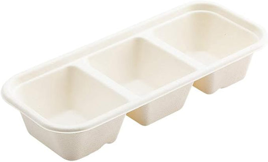 Restaurantware Pulp Tek 9.2 x 3.8 x 1.8 Inch Takeaway Food Boxes 100 Microwavable Take Out Containers - Lids Sold Separately Freezable White Bagasse Catering Food Containers 3 Compartments