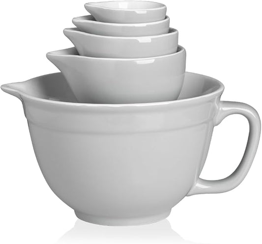 Sweejar Porcelain Mixing Bowl with Scale, Ceramic Serving Container for Kitchen, Nesting Bowl with Handle, Using for Baking, Prepping, Cooking, Set of 5 (Gray)