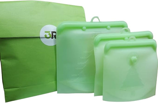 Reusable Silicone Food Bags with 100% Leak Proof, 100% Sustainable, Zero Plastic, Silicone Bags Microwave safe, Medium, Large) & Self Standing A Hook For Easy Hanging (Green)