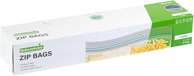 Restaurantware Bag Tek 2 Gallon Storage Zip Bags 25 Disposable Zipper Pouch Bags - Double Zipper Greaseproof Clear Plastic Zip Bags With Write-On-Label For Food Organization And Storage