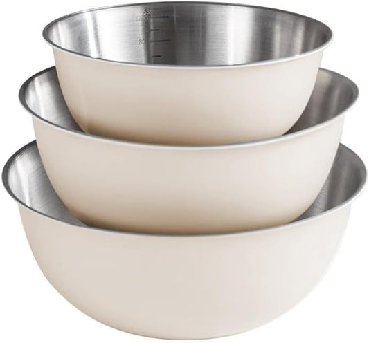 Mixing Bowls, 3Pcs Stainless Steel Mixing Bowl Set, Thick Metal Nesting Basin for the Kitchen, Multifunctional, Stackable, Dishwasher Safe, 1.2/1.8/2.5L(Cream White)