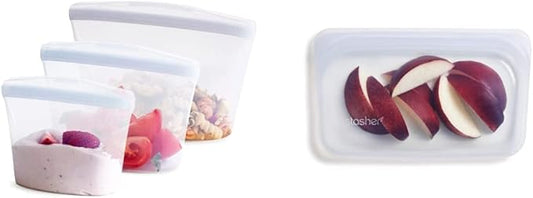Stasher Silicone Reusable Storage Bag, Bundle 3-Pack Bowls & Silicone Reusable Storage Bag, Snack (Clear) | Food Meal Prep Storage Container | Lunch, Travel, Makeup, Gym Bag | Freezer