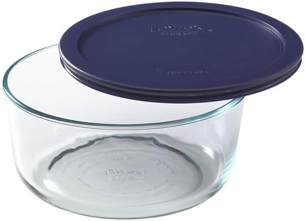 Pyrex Storage Plus 7-Cup Round Glass Food Storage Dish, Blue Cover, Pack of 2 - Original Genuine Pyrex - Made in the USA