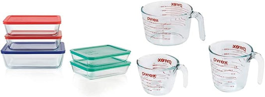Pyrex Simply Store Meal Prep Glass Food Storage Containers (10-Piece Set, BPA Free Lids, Oven Safe) & Glass Measuring Cup Set (3-Piece, Microwave and Oven Safe),Clear