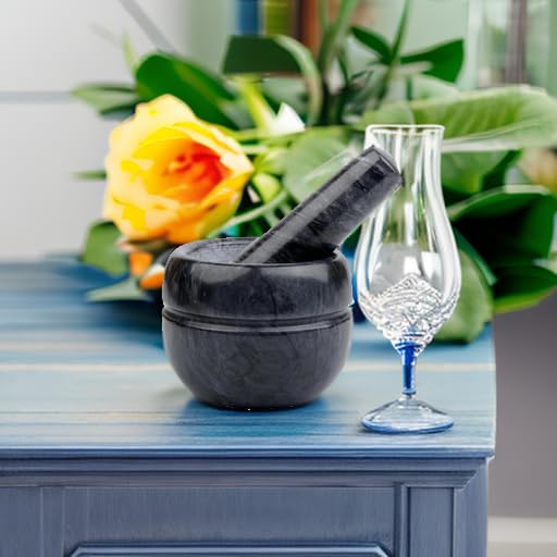 Mortar and Pestle Set Polished Natural Marble Stone Guacamole Molcajete Bowl with Base Silicone Pad,Matching Stainless Spoon and Matching Small Brush 200ml Capacity(Small, Dark Gray)