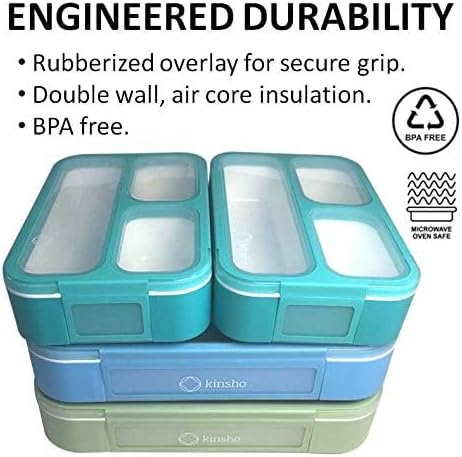 kinsho Leakproof Bento Lunch and Snack Boxes. Family Pack of 4 Meal Planning Portion Containers For Women, Adults. BPA Free. Utensils, Blue & Green (2 large + 2 Mini Lunch box)