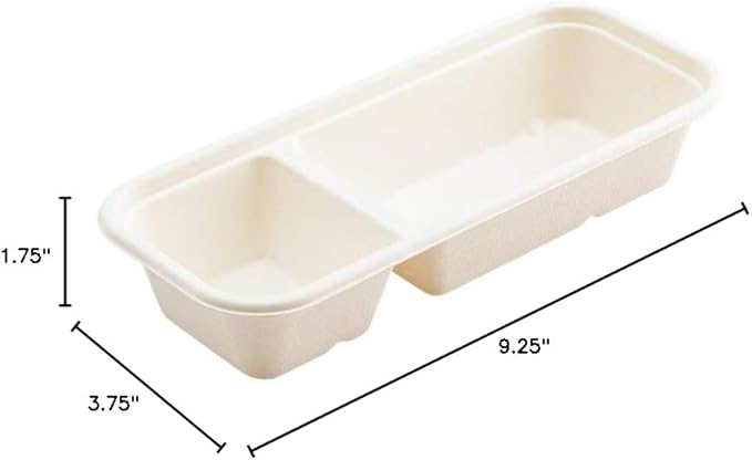 Restaurantware Pulp Tek 9.2 x 3.8 x 1.8 Inch Takeaway Food Boxes 100 Microwavable Take Out Containers - Lids Sold Separately Freezable White Bagasse Catering Food Containers 2 Compartments