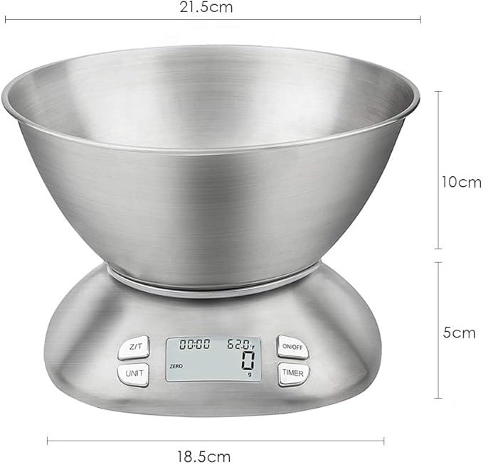 Digital Kitchen Scale with Removable Bowl 2.5L Volume, Electronic Stainless Steel Food Scale for Cooking Baking, Room Temperature, Alarm Timer, 12lb 5.5kg, Batteries Included