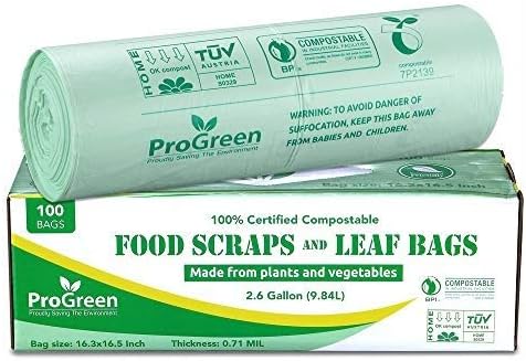 Compostable Trash Bags 2.6 Gallon, 100 Count, Extra Thick 0.71 Mil, Small Compost Kitchen Bin Bags, Food Scraps Yard Waste Bags, Compost ASTM D6400 BPI and TÜV AUSTRIA Certified.