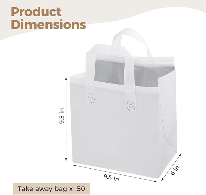 OMISTAR 50 PCS Insulated Take Away Bags, 9.5 x 6 x 9.5 Inches Bulk Food Bags Thermal Insulation for Coffee Milk Tea, Hot Cold Food Cooler Bags Pizza Delivery Bags for Restaurant Grocery