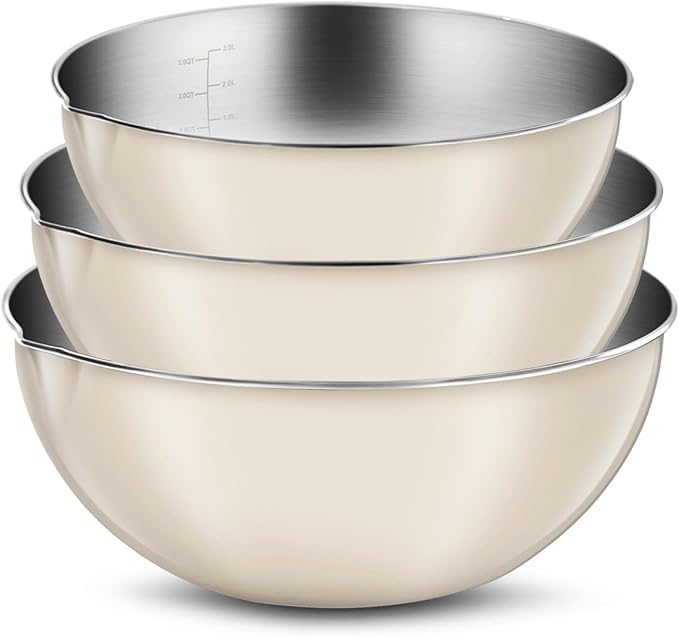 3-Piece Stainless Steel Mixing Bowl Set, Classic Beige Color, Nesting Bowls with Pure Spout, Multipurpose Kitchen Basket /1.56Quarts/3.17Quarts/4.23Quarts (Classic Beige)
