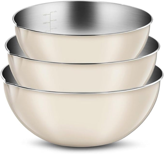 3-Piece Stainless Steel Mixing Bowl Set, Classic Beige Color, Nesting Bowls with Pure Spout, Multipurpose Kitchen Basket /1.56Quarts/3.17Quarts/4.23Quarts (Classic Beige)
