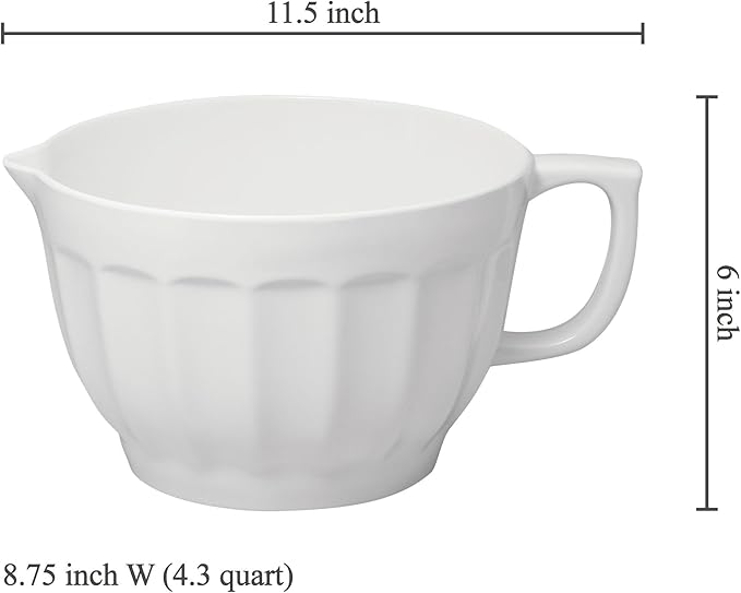 UPware Latte Style Melamine Batter Bowl with Pour Spout, Handle and Non-Slip Base, Grip Handle for Easy Mix and Pour, Home Essentials Cooking and Baking Tools, 4.3 quart, 11.5 x 8.75 Inch, White