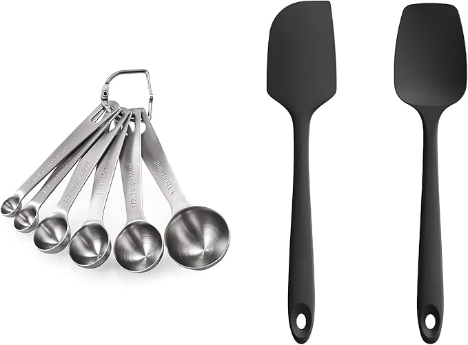 18/8 Stainless Steel Measuring Spoons Set for Dry and Liquid Ingredients (Set of 6), and 600ºF Heat Resistant 11.38in Flexible Non-Stick Spatula & Spoon Spatula (Black)