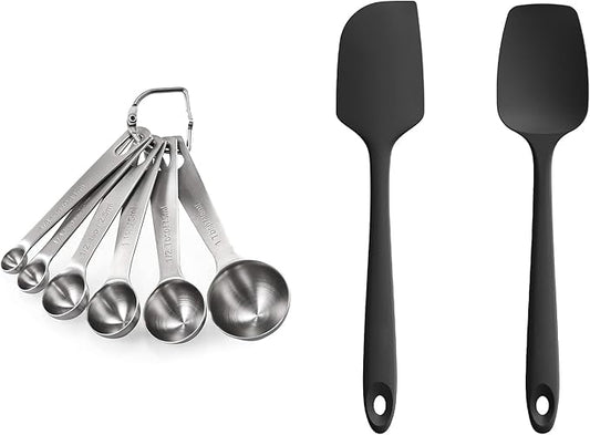 18/8 Stainless Steel Measuring Spoons Set for Dry and Liquid Ingredients (Set of 6), and 600ºF Heat Resistant 11.38in Flexible Non-Stick Spatula & Spoon Spatula (Black)