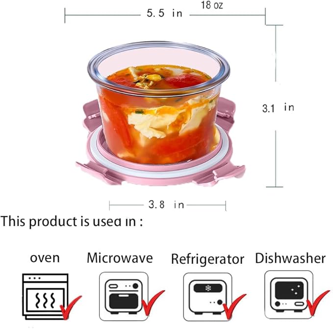 4-Pack Glass Food Storage Container With Airtight Lids,2-Cup Glass Meal Prep Containers With Lids, Small Leak Proof Soup Bowls, Reusable Glass Lunch Boxes, Dishwasher Microwave Freezer Safe