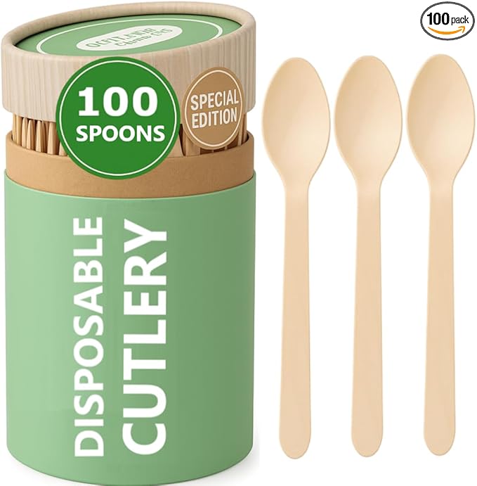 (100 Count) Disposable Wooden Spoons Set - Alternative to Plastic, Eco Friendly, Biodegradable, Compostable Cutlery Set - 100 Wood Spoons Disposable Set