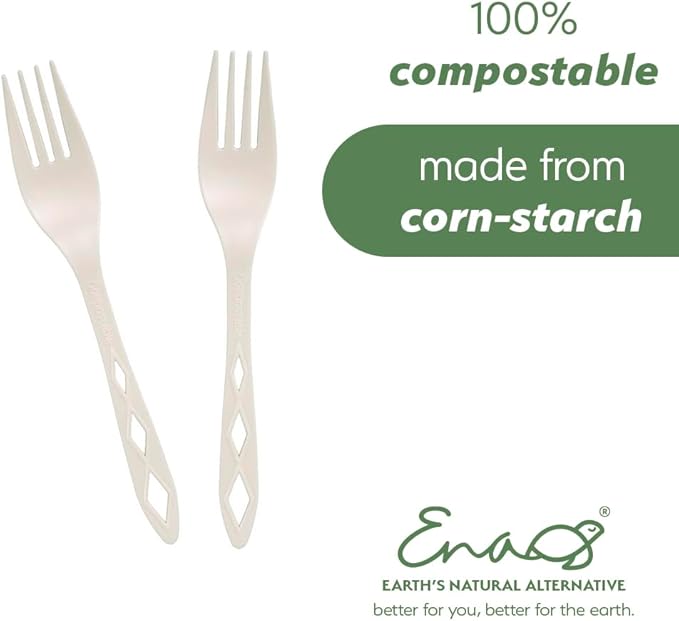 100% Compostable Non Plastic Forks [100 Pack] CPLA Disposable Forks. Non Plastic Silverware Set. Eco-Friendly Cutlery, Off White Flatware, Extra Sturdy Utensils, by Earth's Natural Alternative