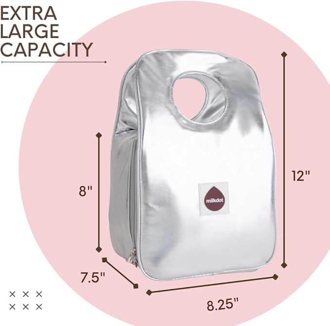 Designer Insulated Lunch Bag, Silver, Reusable Cooler Tote for Food & Drinks, Perfect for Women, Men, Boys, Girls, Stylish for kids ages 3+ (Silver)