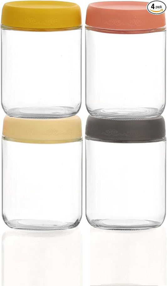 16 OZ Glass Food Jar Storage Containers with Airtight Lids, Reusable Wide Mouth Overnight Oats Glass Mason Jars for Snacks Yogurt Pudding(Multicolor 4pack-2)