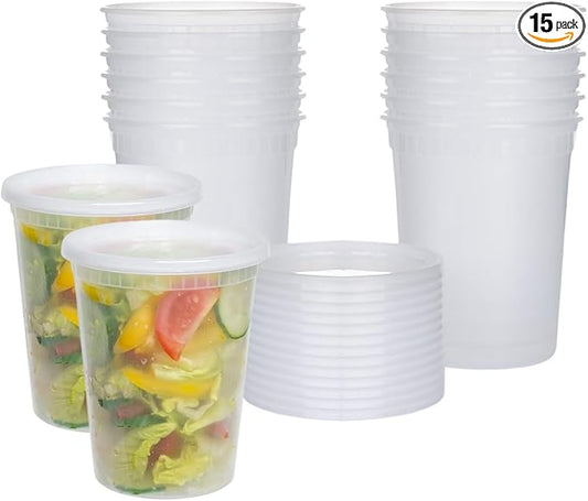 Smygoods 32oz Plastic Deli Containers with Lids - 15 Pack - BPA Free - Leakproof - Stackable - Microwave and Freezer Safe - Clear - Lunch Containers for Food Storage