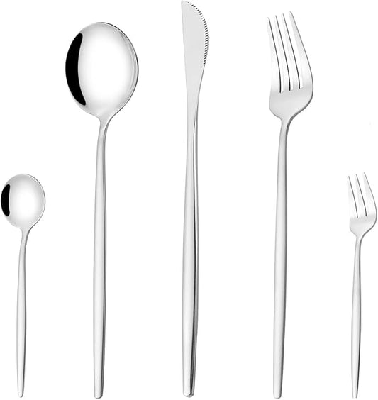 Mirror Modern Flatware Set for 8, 40-Piece Stainless Steel Silverware Set, LaienLife Unique Utensils with Long Forks Spoons and Knives Sets, Great for Home and Restaurant, Dishwasher Safe - Silver