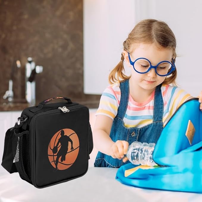 Lunch Box for Kids Boys Girls Black Basketball Kids Lunch Bag Insulated Lunch Bag Tote with Adjustable Shoulder Strap Teens Lunchbox Cooler School Picnic
