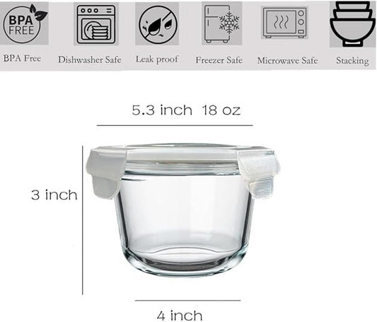 8Pack Glass Food Storage Containers, Round Glass Soup Container with Airtight Lids, Reusable Food Meal Prep Bowls, Leakproof Soup Bowls for Outdoor School, Dishwasher Microwave Freezer Safe