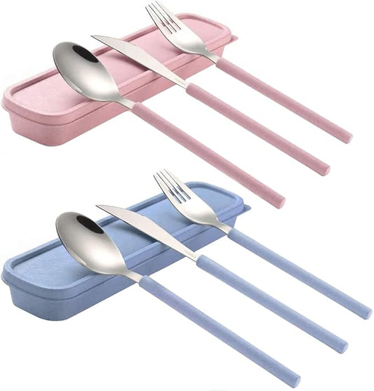 Portable Travel Utensils Set with Case ，18/8 Stainless Steel Silverware Sets with Colored Handle，Reusable Utensil Set Include Knife Fork and Spoon for Lunch Box and Camping (Pink&Blue-2 Sets)