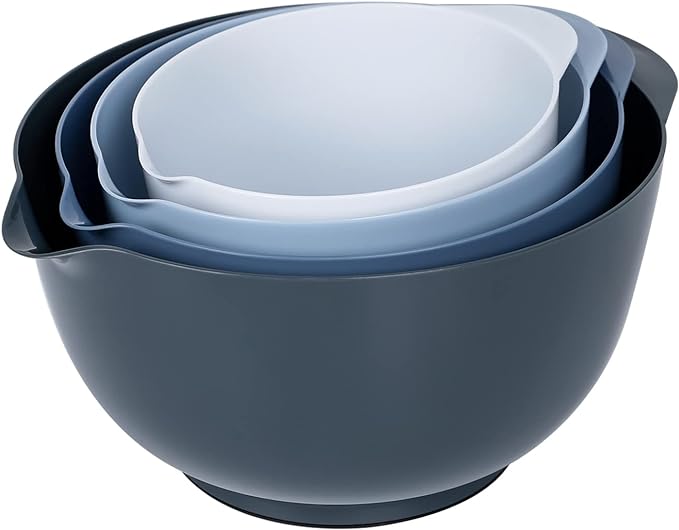 BoxedHome Nesting Plastic Mixing Bowl Set With Pour Spout, Microwave and Dishwasher Safe, BPA free Non-Slip Base, Set of 4 Size 1.7, 2.5, 3.5 and 4.5qt, Great for Prepping, Baking, Cooking (Haze Blue)