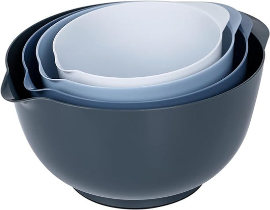 BoxedHome Nesting Plastic Mixing Bowl Set With Pour Spout, Microwave and Dishwasher Safe, BPA free Non-Slip Base, Set of 4 Size 1.7, 2.5, 3.5 and 4.5qt, Great for Prepping, Baking, Cooking (Haze Blue)
