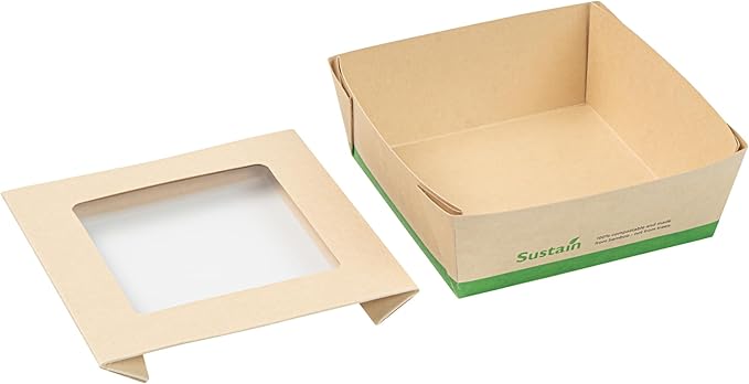 Restaurantware-27 Ounce Sturdy Paper Take Out Boxes, 200 Disposable Take Out Food Containers - With PLA lining, Paper Lid With Clear PLA Window, Bamboo Paper Containers, Compostable, Greaseproof