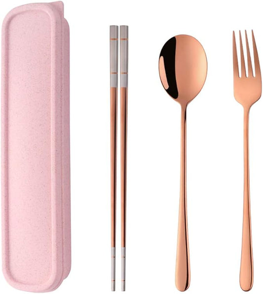 3 Piece Portable Flatware Set, Chopsticks, Fork and Spoon with Travel Case, Rose Gold