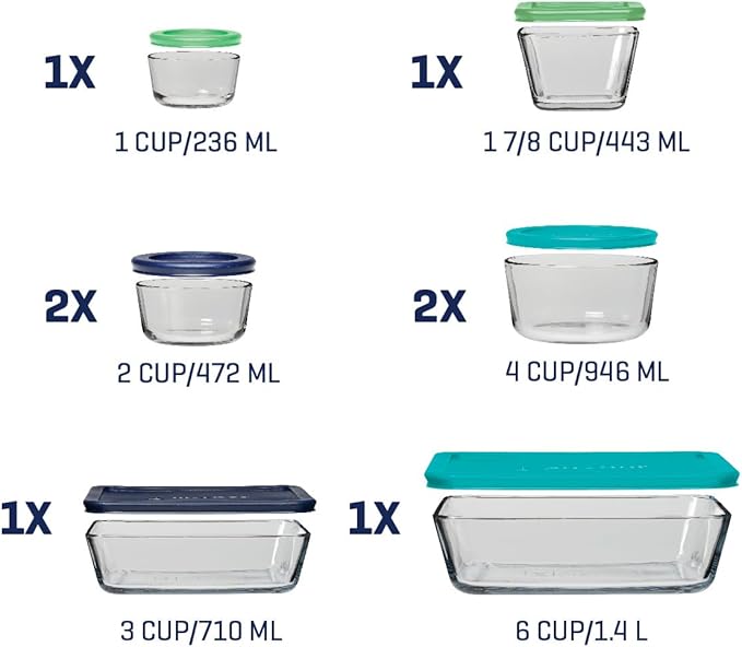 Anchor Hocking 16 Piece Glass Storage Containers with Lids (8 Glass Food Storage Containers & 8 Mixed Blue SnugFit Lids)