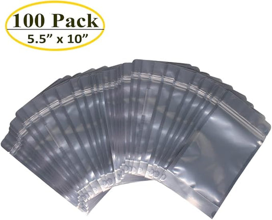 100 Pack 5.5 x 10 Inch Stand Up Pouch Bags Zipper Mylar Bags Clear Front with Aluminum Foil Back Reusable Food Storage Bag for Multipurpose with Gusset Bottom(5.5mil Thickness)