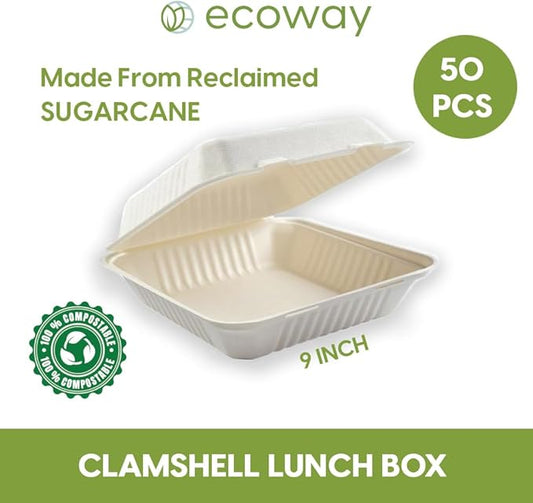 9 Inch Food Box Container Made With Bagasse Sugar Cane Fibers For Meals & Dessert, Take Away Container, Disposable, Eco-friendly, Compostable, Restaurants - Pack Of 50, White