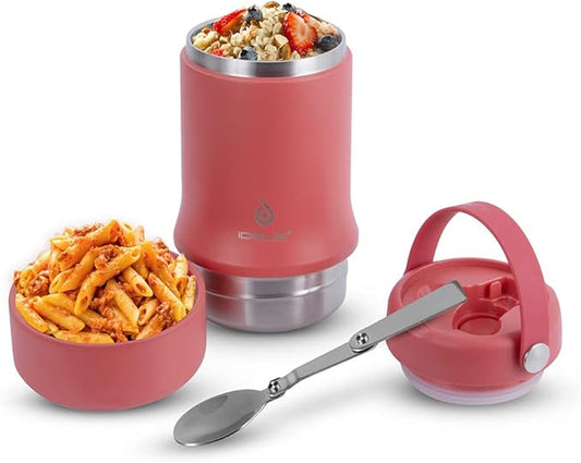 Ideus 20 oz Insulated Soup Thermo with Foldable Spolk and Bowl, All-in-one Stainless Steel Vacuum Thermal Food Jar for Lunch, Leakproof Bento Lunchbox Portable Soup Container, Red