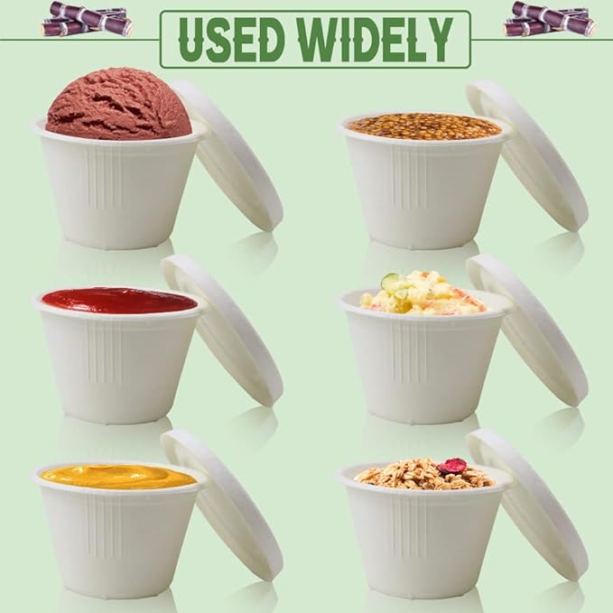 Vmiapxo 100 Pack 4oz Disposable Paper Cups with Lids, Ice Cream Cups, Natural Bagasse Fiber Recycleable Paper Bowls for Small Portion Condiments, Sauce, Souffle