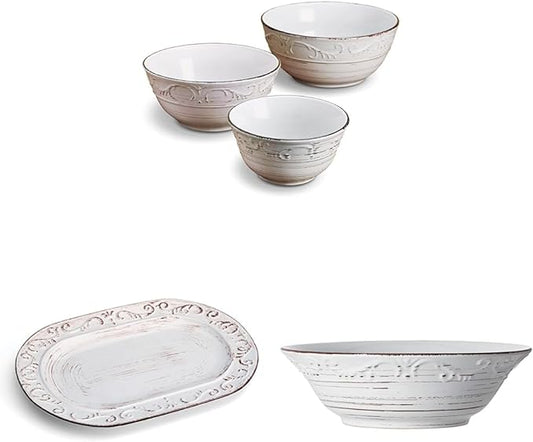Pfaltzgraff Trellis Serving Set, 3 Piece - White Trellis Serving Bowls (9", 13.75"), Platter Included