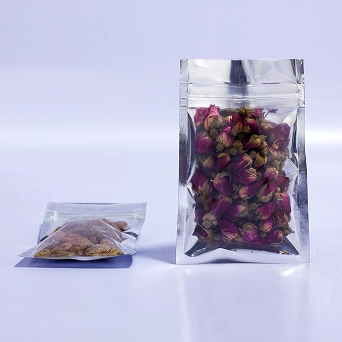 PABCK 100 Pack Clear Front Resealable Mylar Bags 8.5x14cm (3.3x5.5inch) Heat Seal Aluminum Foil Plastic Packaging for Zip Bulk Food Storage Zipper Lock Candy Foil Pouch with Tear Nothces