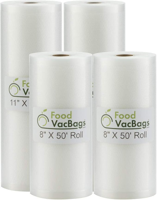 Four FoodVacBags Vacuum Seal Bags Rolls - (2) 8X50 & (2) 11X50, Compatible with Foodsaver, Make Your Own Size Vacuum Sealer Bags