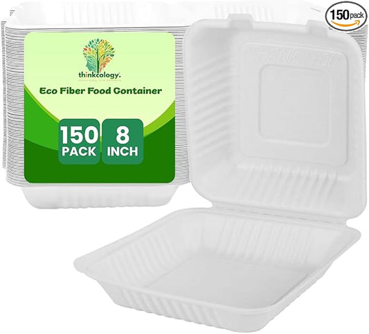 Compostable Clamshell Food Box with Lid (8x8 inch) 150-Pack | Disposable Plates | Made of Biodegradable Sugarcane Bagasse | Heavy-Duty Eco-Friendly Takeout Containers | Natural White