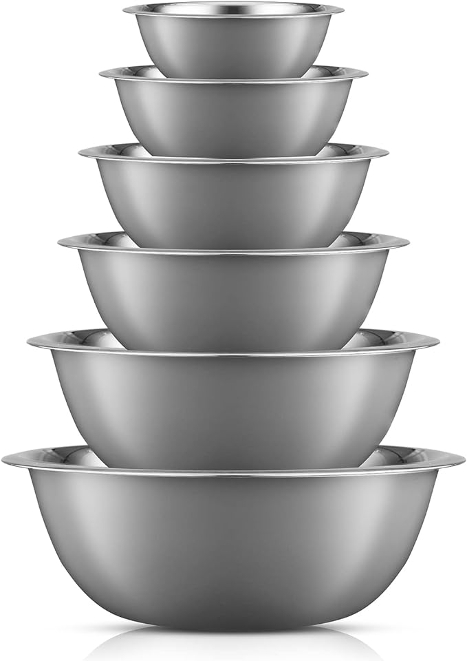 JoyJolt Stainless Steel Mixing Bowl Set of 6 Bowls (Grey). 5qt Large to 0.5qt Small Metal Bowl. Kitchen, Cooking and Storage Nesting Bowls. Dough, Batter Baking Gray