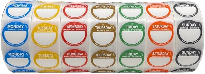 Removable Day Label - 1 inch - Peel Tab - Week (Mon-Sun) (7000 Stickers) - Food and Restaurant Day Dots - FIFO - Inventory Management Labels - Meal Prep Stickers - Gift Tags