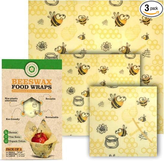 PURE & SUSTAINABLE COMPANY Beeswax Food Wraps – 3-Pack Reusable Organic Cotton Wraps – Eco-Friendly, Plastic-Free, Washable Food Storage (8x8, 11x11, 14x14) – Cute Bee Pattern