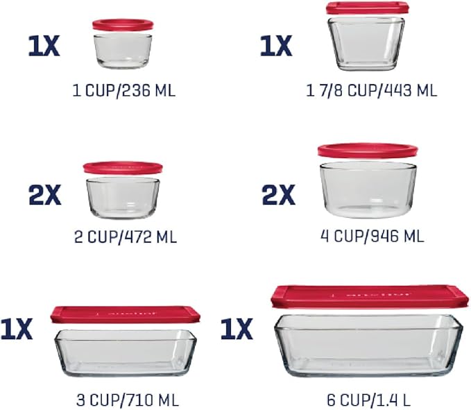 Anchor Hocking 16 Piece Glass Storage Containers with Lids (8 Glass Food Storage Containers & 8 Red SnugFit Lids)