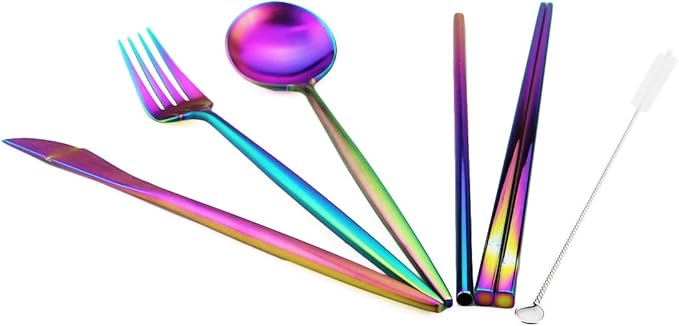 Reusable Travel Utensils, 7 Piece Portable 304 Stainless Steel including Knife Fork Spoon Chopsticks Cleaning Brush Straws Portable Pouch, Eco-friendly Camping Silverware Set, Dishwasher Safe